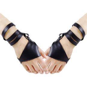 Townus Women Punk Gloves Half Palm Fingerless PU Leather Glove for Halloween Performance Night Bar Cosplay Costume
