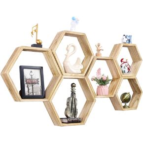 NOVIMANGO Hexagon Floating Shelves Set of 6 Honeycomb Shelves for Wall Wood Farmhouse Storage Home Decor Shelf Wall Mounted Wooden Hexagonal Shelves for Bedroom Living Room Nursery, Rustic Brown