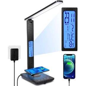 LED Desk Lamp, Desk Lamp with Wireless Charger, Suitable for Home, Office Dimmable Desk Lamp, with USB Charging Port, Built-in Clock, Calendar, Thermometer and Automatic Timing Reading Desk Lamp.