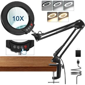 10X Magnifying Glass with Light and Clamp, 5 Color Modes Stepless Dimmable Real Glass Lighted Magnifier, Hands Free LED Magnifying Desk Lamp for Painting Craft Close Work Reading Repairing