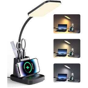 GOLSPARK Desk Lamp with Wireless Charger, LED Desk Lamps for Home Office Eye-Caring CRI 90, 3 Color Modes, Stepless Dimming Touch Table Lamp, Study Small White Lamp with Pen Holder for College Dorm