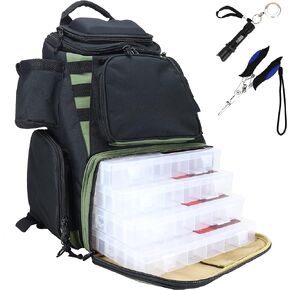 OSAGE RIVER Fishing Backpack, Fits 4 Large Tackle Boxes, MOLLE Webbing as Rod Holder, Waterproof Rain Cover, Includes Pliers and Flashlight, Large