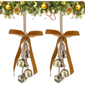 Lukmaa 2 Pcs Christmas Cow Bells with Bow Tranquil Wind Metal Bells with Jute Hanging Rope Rustic Gold Bells for Christmas Tree Wall Door Wreath Outdoor Garden Lucky Decoration
