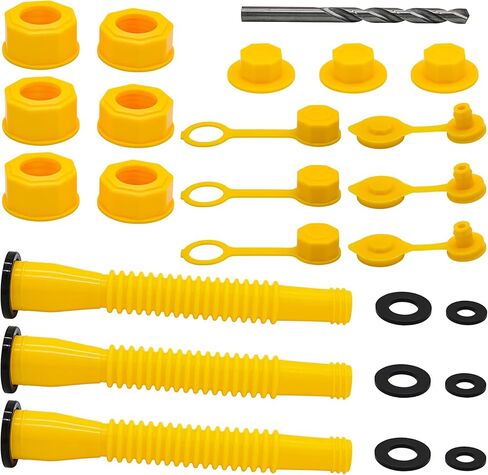 مجموعة استبدال فوهة علبة الغاز مكونة من 19 قطعة (3 مجموعات باللون الأصفر)، فوهة علبة غاز سعة 5 جالون، 3 أغطية ملولبة، 6 أغطية تهوية، 1 غطاء مثقاب in Kuwait