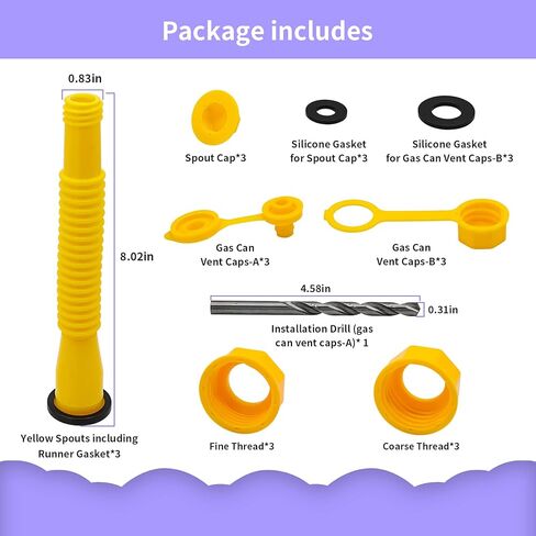 مجموعة استبدال فوهة علبة الغاز مكونة من 19 قطعة (3 مجموعات باللون الأصفر)، فوهة علبة غاز سعة 5 جالون، 3 أغطية ملولبة، 6 أغطية تهوية، 1 غطاء مثقاب in Kuwait