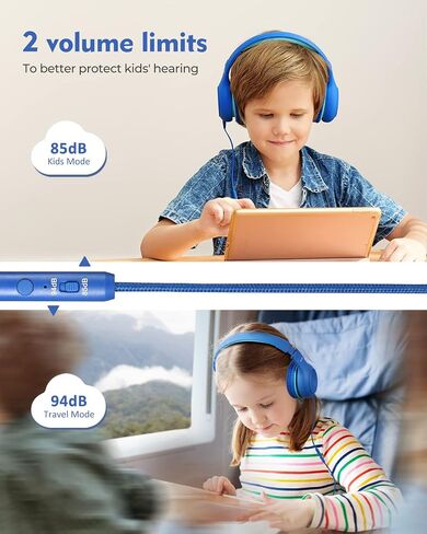 KLYLOP Kids Headphones with Microphone, Wired Headphone Over-Ear for Kids for School, 85/94dB Volume Limiter, Headphones for Kid with Share Function, Foldable Headset for iPad Kindle Fire in Saudi Arabia