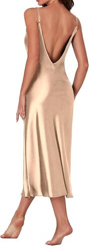 LYANER Women's Satin Cowl Neck Spaghetti Strap Split Nightgowns Silk Midi Dress in Saudi Arabia