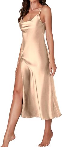 LYANER Women's Satin Cowl Neck Spaghetti Strap Split Nightgowns Silk Midi Dress in Saudi Arabia