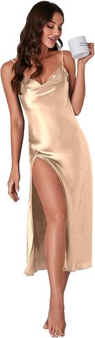 LYANER Women's Satin Cowl Neck Spaghetti Strap Split Nightgowns Silk Midi Dress in Saudi Arabia