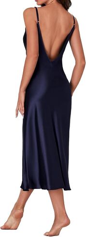 LYANER Women's Satin Cowl Neck Spaghetti Strap Split Nightgowns Silk Midi Dress in Saudi Arabia