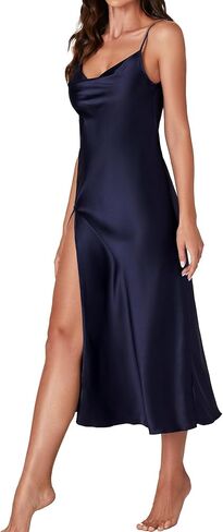 LYANER Women's Satin Cowl Neck Spaghetti Strap Split Nightgowns Silk Midi Dress in Saudi Arabia