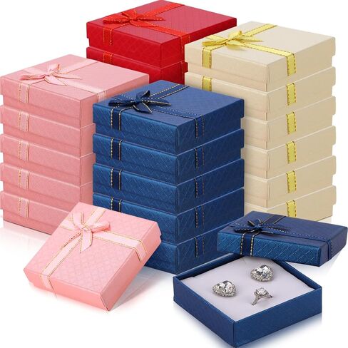 Yeaqee 24 Pcs Cardboard Jewelry Gift Boxes with Lids and Bows Small Gifts Box Set Necklace Box for Rings Bracelets Earrings Valentine's Day Weddings Anniversaries, 4 Colors, 3.5 x 3.5 x 1 Inch in Saudi Arabia