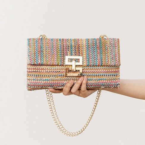 Liadreem Straw Clutch Purse for Women Wicker Rattan Cluth Evening Handbag Beach Shoulder Bag for Vacation, Wedding, Colorful in Saudi Arabia