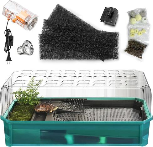 Turtle Tank Aquarium Kit, Turtle Habitat Starter Terrarium, Aquatic Tortoise Enclosure with Lid, Bottom Filter, Multi Function Areas, Drainage, Basking Platform Lamp for Pet Turtles Crabs Reptiles in Kuwait