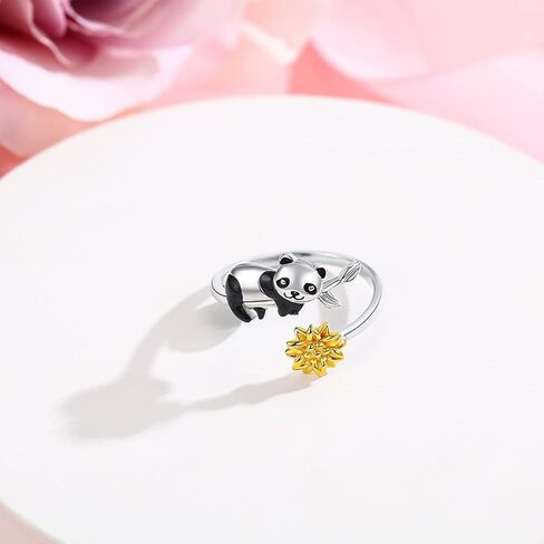 الباندا الدائري للنساء 925 الفضة الاسترليني عباد الشمس قابل للتعديل الباندا خواتم مجوهرات التخرج هدايا عيد ميلاد للفتيات صديق الباندا عشاق in Kuwait