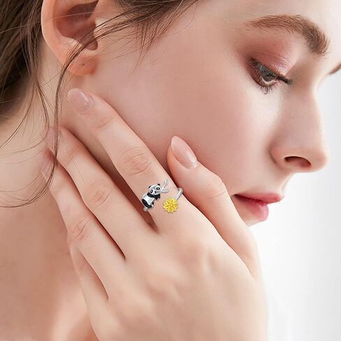 الباندا الدائري للنساء 925 الفضة الاسترليني عباد الشمس قابل للتعديل الباندا خواتم مجوهرات التخرج هدايا عيد ميلاد للفتيات صديق الباندا عشاق in Kuwait