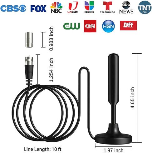 هوائي التلفزيون، هوائي التلفزيون الرقمي للتلفزيون الذكي، هوائي التلفزيون عالي الدقة للقنوات المحلية المجانية، هوائيات التلفزيون المحمولة داخلي/خارجي - يدعم التلفزيون الذكي 4K 1080p والتلفزيون القديم، استقبال إشارة 360 درجة، كابلات طويلة 10 أقدام in Kuwait