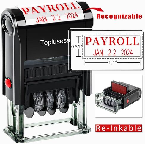 Payroll Stamp with Date Self-Inking Office Rubber Payroll Date Stamp for Business 12-Year Band Red Ink 2024 in Kuwait