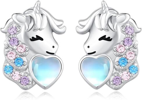 أقراط يونيكورن S925 الفضة الاسترليني لطيف يونيكورن حجر القمر أقراط للفتيات النساء هيبوالرجينيك يونيكورن مجوهرات هدايا لعيد ميلاد ابنة in Kuwait