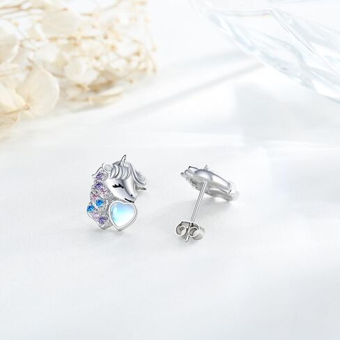 أقراط يونيكورن S925 الفضة الاسترليني لطيف يونيكورن حجر القمر أقراط للفتيات النساء هيبوالرجينيك يونيكورن مجوهرات هدايا لعيد ميلاد ابنة in Kuwait