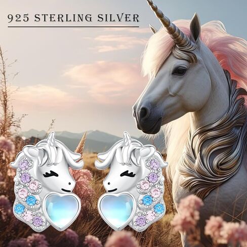 أقراط يونيكورن S925 الفضة الاسترليني لطيف يونيكورن حجر القمر أقراط للفتيات النساء هيبوالرجينيك يونيكورن مجوهرات هدايا لعيد ميلاد ابنة in Kuwait