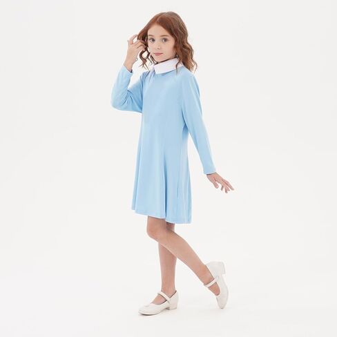 Girls Casual Dress Long Sleeve Vintage Peter Pan Collar T-Shirt Dresses Age 3-12 Years in Saudi Arabia
