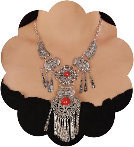 Wiwpar Vintage Bohemian Ethnic Tribal Necklace Boho Statement Turquoise Collar Necklace Chunky Tassel Long Chain Pendant for Women Girls Bib Necklace Jewelry Gift in Saudi Arabia