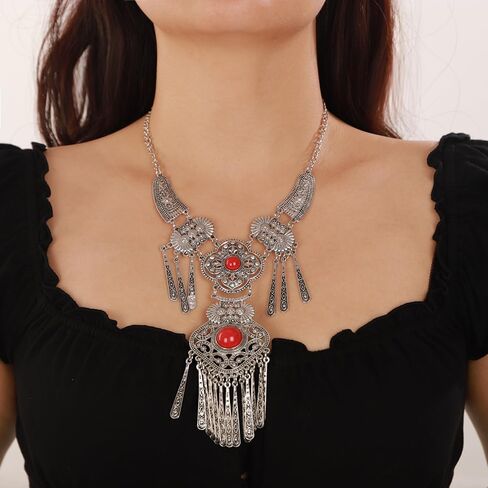 Wiwpar Vintage Bohemian Ethnic Tribal Necklace Boho Statement Turquoise Collar Necklace Chunky Tassel Long Chain Pendant for Women Girls Bib Necklace Jewelry Gift in Saudi Arabia