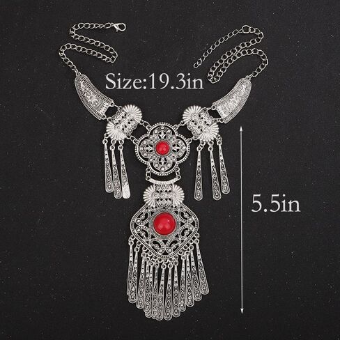Wiwpar Vintage Bohemian Ethnic Tribal Necklace Boho Statement Turquoise Collar Necklace Chunky Tassel Long Chain Pendant for Women Girls Bib Necklace Jewelry Gift in Saudi Arabia