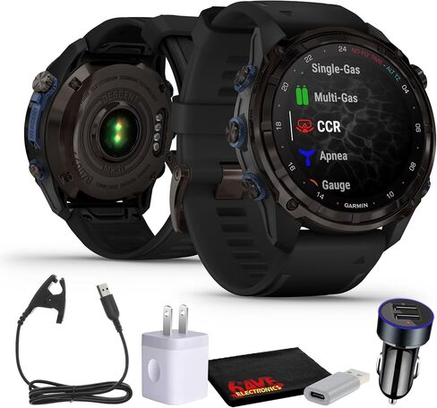 ساعة Garmin Descent Mk3i، ساعة كمبيوتر ذكية للغوص 51 مم، رمادي كربون DLC تيتانيوم مع سوار سيليكون أسود وساعة لياقة بدنية متعددة الرياضات GPS للتدريب، حزمة تكامل الهواء مع الملحقات in Saudi Arabia