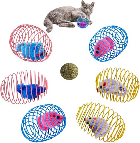 QUVOVID Cat Spring Toys 6 Packs Cat Spring Balls with 1 Pack Catnip Ball for Indoor Cats Metal Cage Balls with Mice, Interactive Cat Toys Cat Balls Mouse Toys, for All Breeds in Kuwait