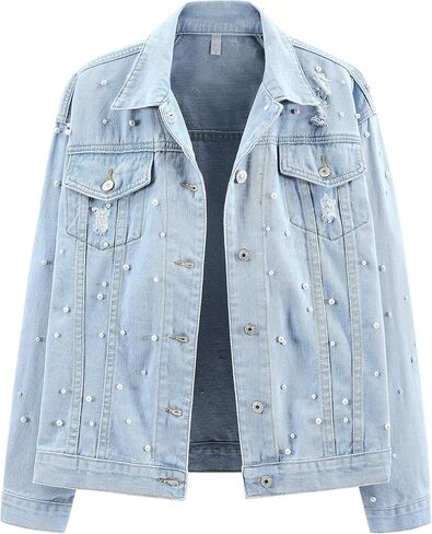 Ladyful Womens Oversized Denim Jacket Pearl Bride Jean Coat Outerwear in Kuwait
