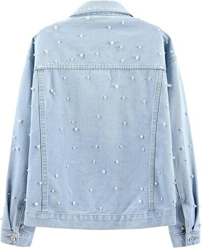 Ladyful Womens Oversized Denim Jacket Pearl Bride Jean Coat Outerwear in Kuwait