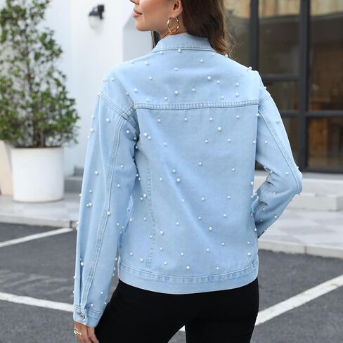 Ladyful Womens Oversized Denim Jacket Pearl Bride Jean Coat Outerwear in Kuwait