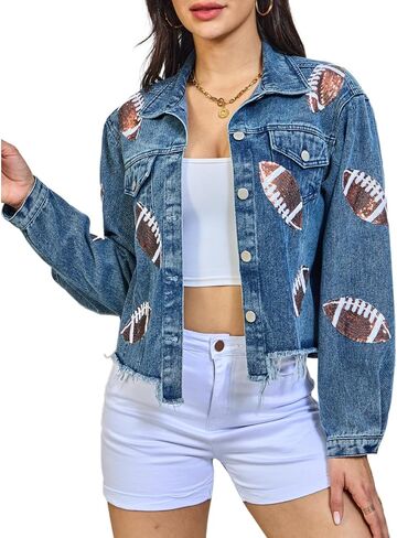 Xaspee Women's Football Denim Jacket Cropped Distressed Varsity Game Day Sequin Basketball Jean Jacket Tops in Saudi Arabia