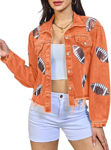 Xaspee Women's Football Denim Jacket Cropped Distressed Varsity Game Day Sequin Basketball Jean Jacket Tops in Saudi Arabia