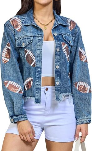 Xaspee Women's Football Denim Jacket Cropped Distressed Varsity Game Day Sequin Basketball Jean Jacket Tops in Saudi Arabia