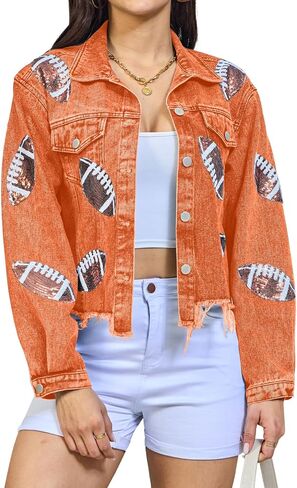 Xaspee Women's Football Denim Jacket Cropped Distressed Varsity Game Day Sequin Basketball Jean Jacket Tops in Saudi Arabia