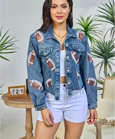 Xaspee Women's Football Denim Jacket Cropped Distressed Varsity Game Day Sequin Basketball Jean Jacket Tops in Saudi Arabia