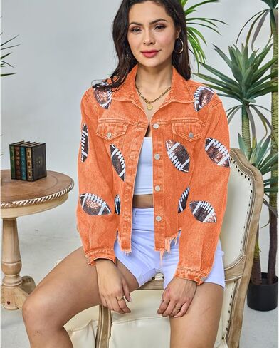 Xaspee Women's Football Denim Jacket Cropped Distressed Varsity Game Day Sequin Basketball Jean Jacket Tops in Saudi Arabia