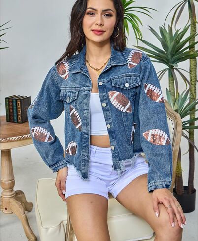 Xaspee Women's Football Denim Jacket Cropped Distressed Varsity Game Day Sequin Basketball Jean Jacket Tops in Saudi Arabia