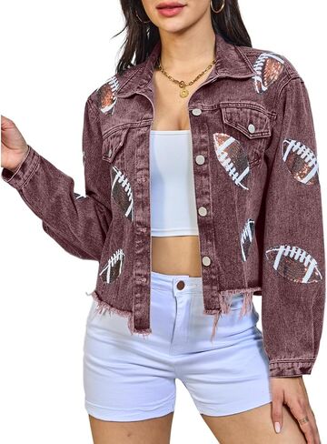 Xaspee Women's Football Denim Jacket Cropped Distressed Varsity Game Day Sequin Basketball Jean Jacket Tops in Saudi Arabia