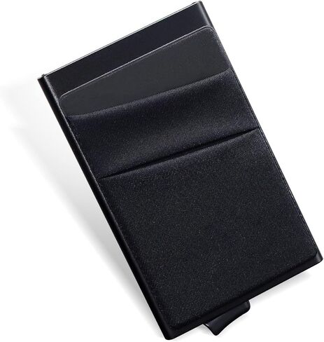 الحد الأدنى المنبثقة المحفظة | حامل بطاقات رفيع لبطاقات الائتمان للأعمال مع جيب للنقود RFID من الجلد المصنوع من الألومنيوم المعدني للبطاقات والملاحظات والعملات المعدنية (أسود)... in Kuwait