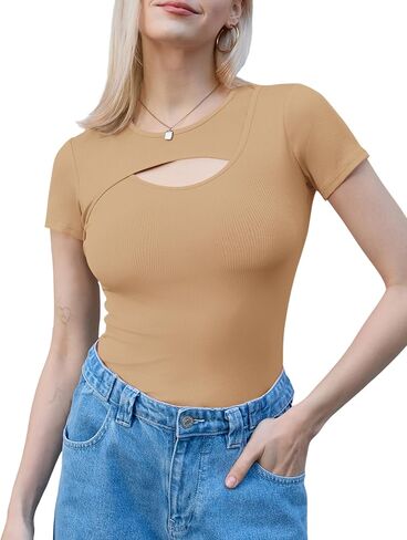 Micoson Women's Short Sleeve Cutout Ribbed Knit Top Casual Slim Fit Crewneck Basic Tee T Shirt Summer Solid Color in Saudi Arabia