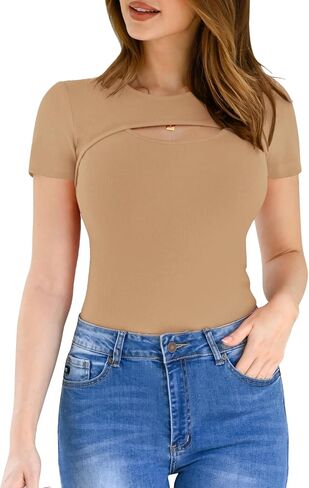 Micoson Women's Short Sleeve Cutout Ribbed Knit Top Casual Slim Fit Crewneck Basic Tee T Shirt Summer Solid Color in Saudi Arabia