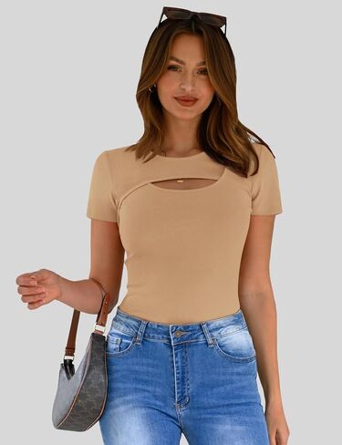 Micoson Women's Short Sleeve Cutout Ribbed Knit Top Casual Slim Fit Crewneck Basic Tee T Shirt Summer Solid Color in Saudi Arabia