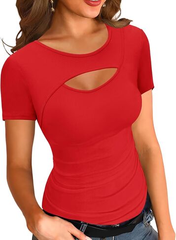 Micoson Women's Short Sleeve Cutout Ribbed Knit Top Casual Slim Fit Crewneck Basic Tee T Shirt Summer Solid Color in Saudi Arabia
