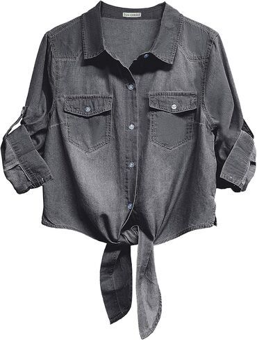 luvamia Denim Tops for Women Trendy Button Down Denim Shirt Tie Front Blouse 3/4 Sleeve Jean Chambray Crop Top Cardigan in Saudi Arabia