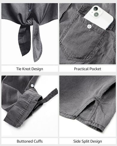 luvamia Denim Tops for Women Trendy Button Down Denim Shirt Tie Front Blouse 3/4 Sleeve Jean Chambray Crop Top Cardigan in Saudi Arabia