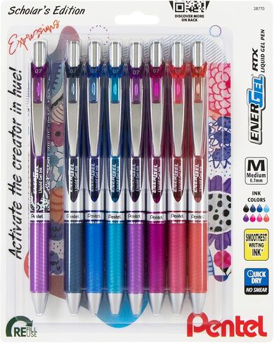 EnerGel RTX Retractable Liquid Gel Pen, Creator Expressions Pack, 0.7mm, Metal Tip, Medium Line, Assorted Ink, Pack of 8 Pens (BL77XRIGBP8M) in Saudi Arabia